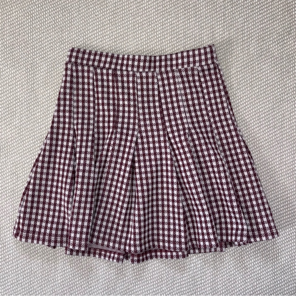 Originality Pleated White Maroon Gingham Plaid Flare Mini Skirt Sz Xs